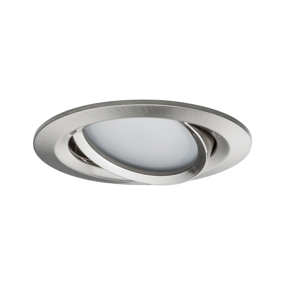 Ein Einbaustrahler mit einem silbernen Ring um eine weiße Lichtquelle. Das Licht ist kreisförmig.