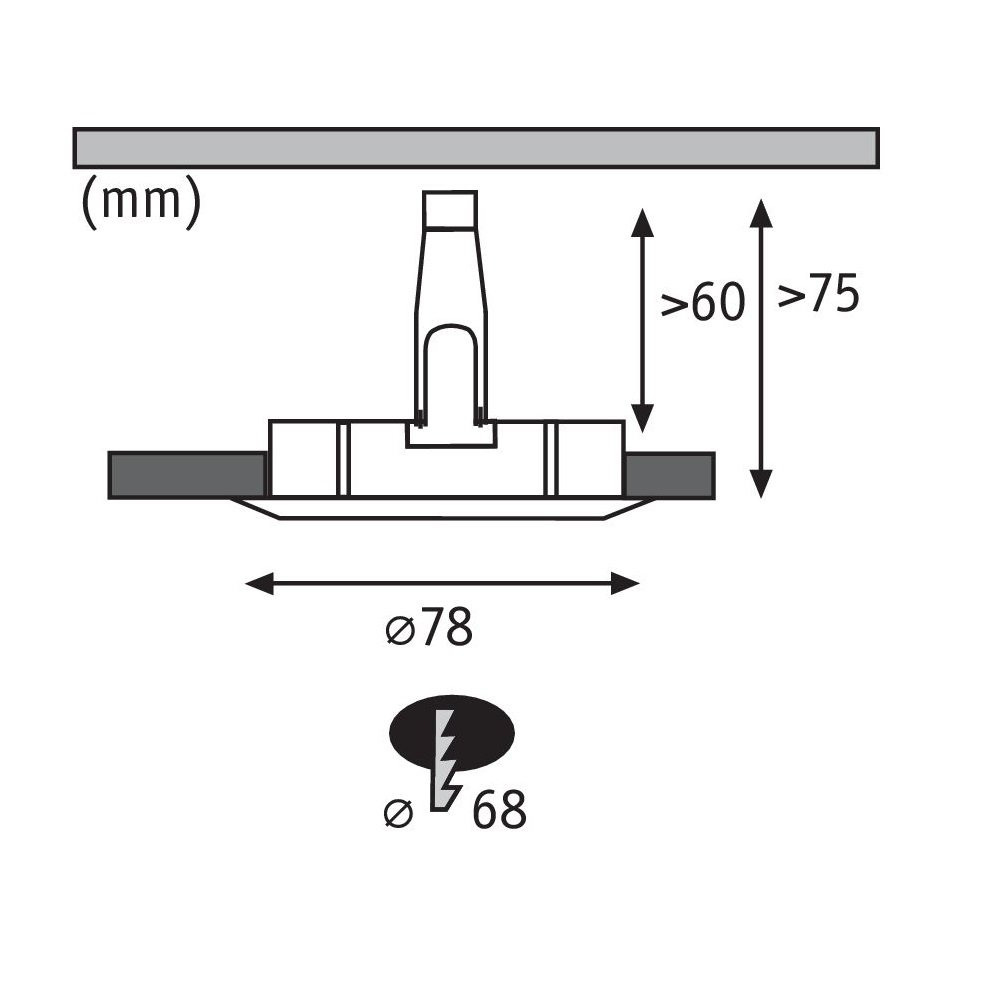 Diagramm eines T-förmigen Steckers mit Abmessungen und einem ovalen Symbol mit einem Blitz.