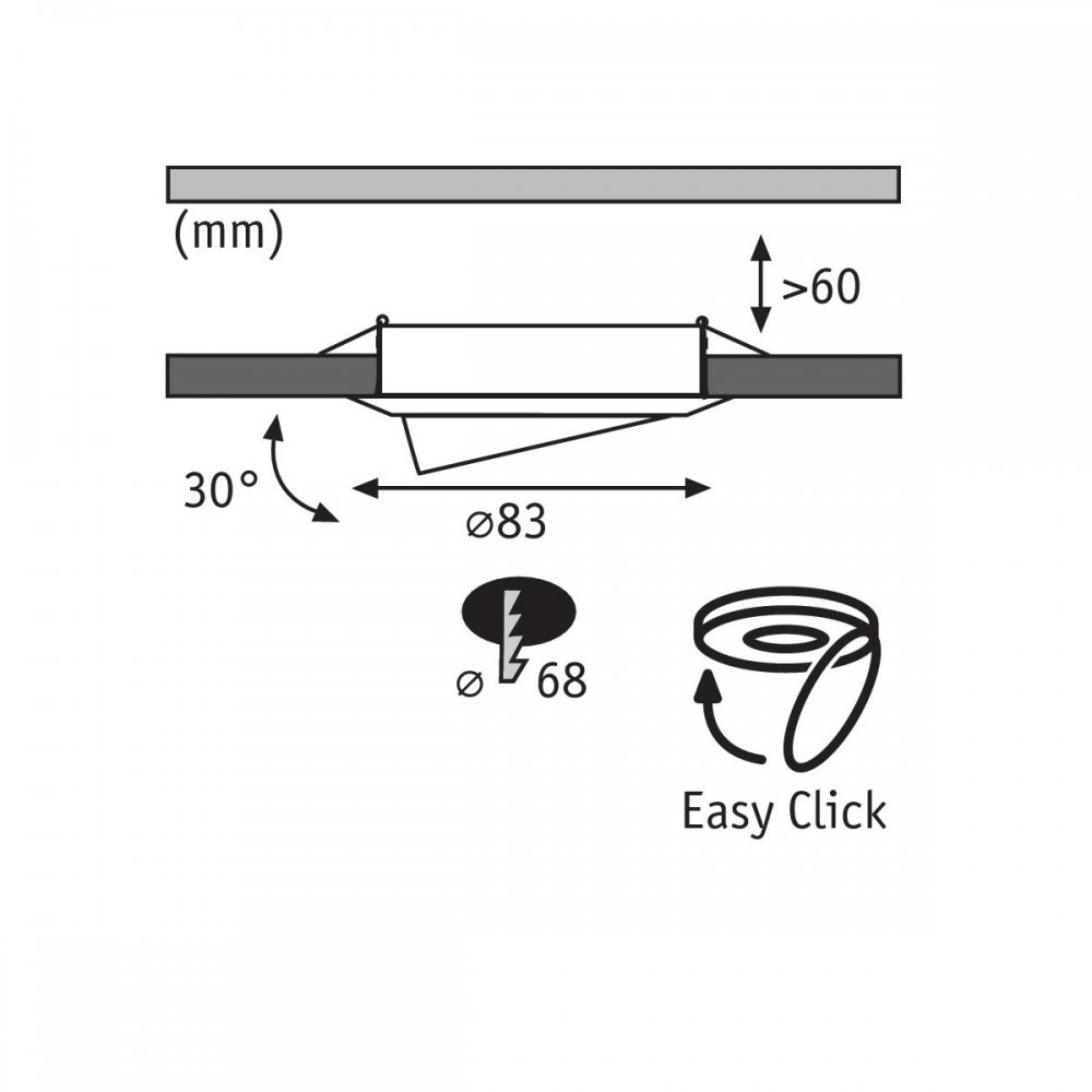 Diagramm einer Einbauleuchte. Enthält Maße und das Symbol 'Easy Click' für die Installation.