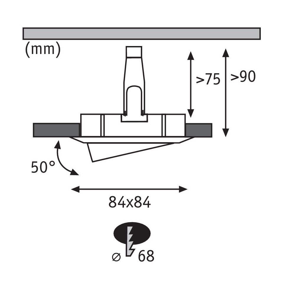 Diagramm einer Deckenleuchte. Abmessungen und Winkelangaben. Weißer Hintergrund.