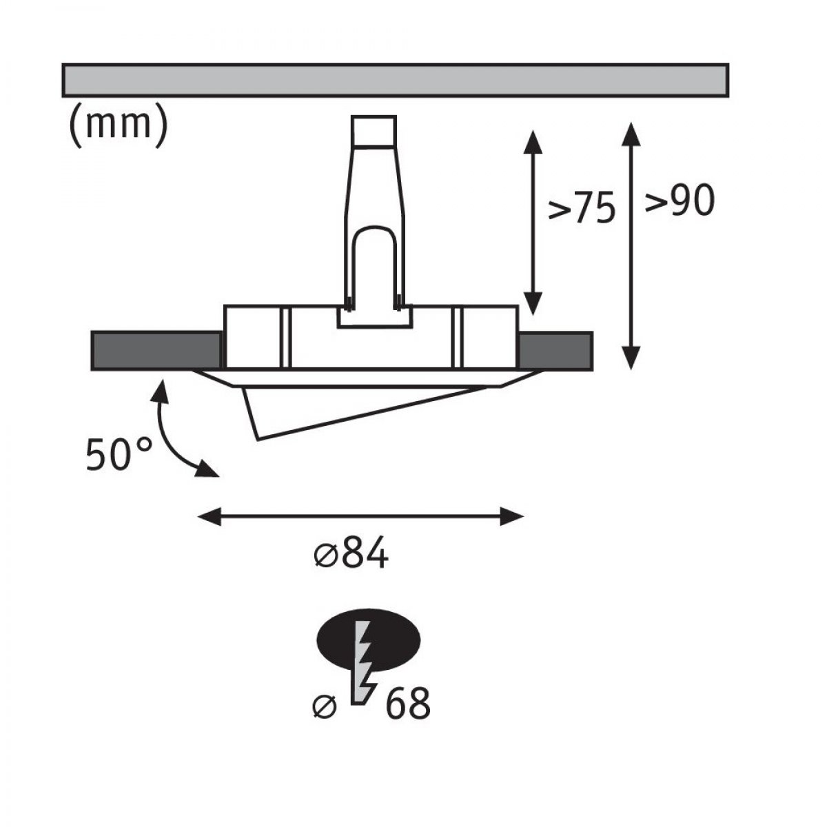 Diagramm eines Einbaustrahlers mit Abmessungen und Winkeln in Schwarzweiß.
