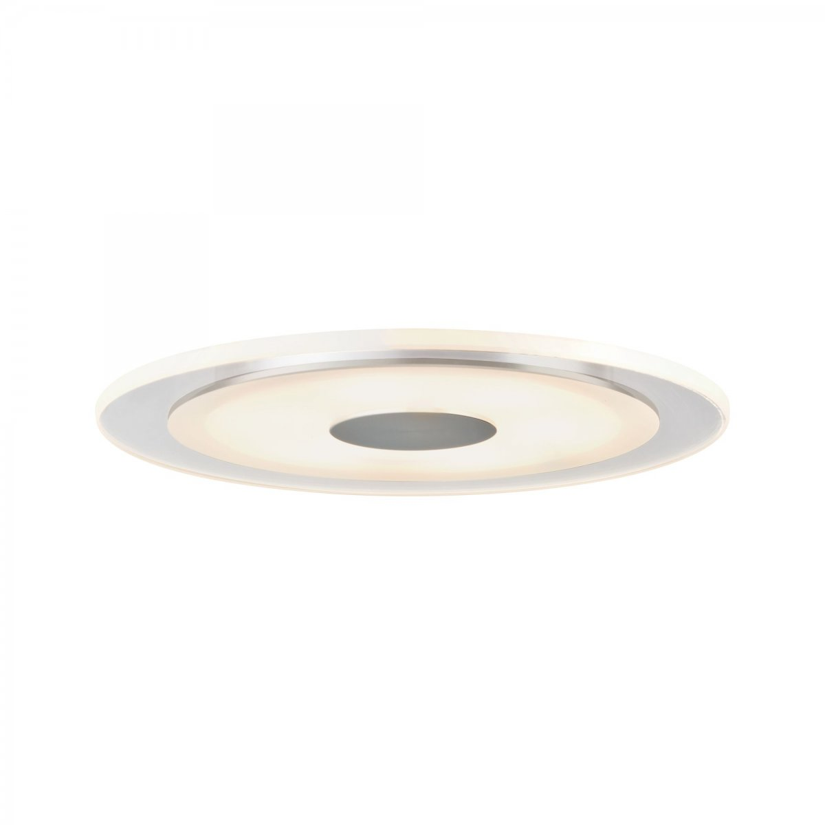 Lampada da soffitto rotonda bianca con bordo argentato. La luce emana dal centro.