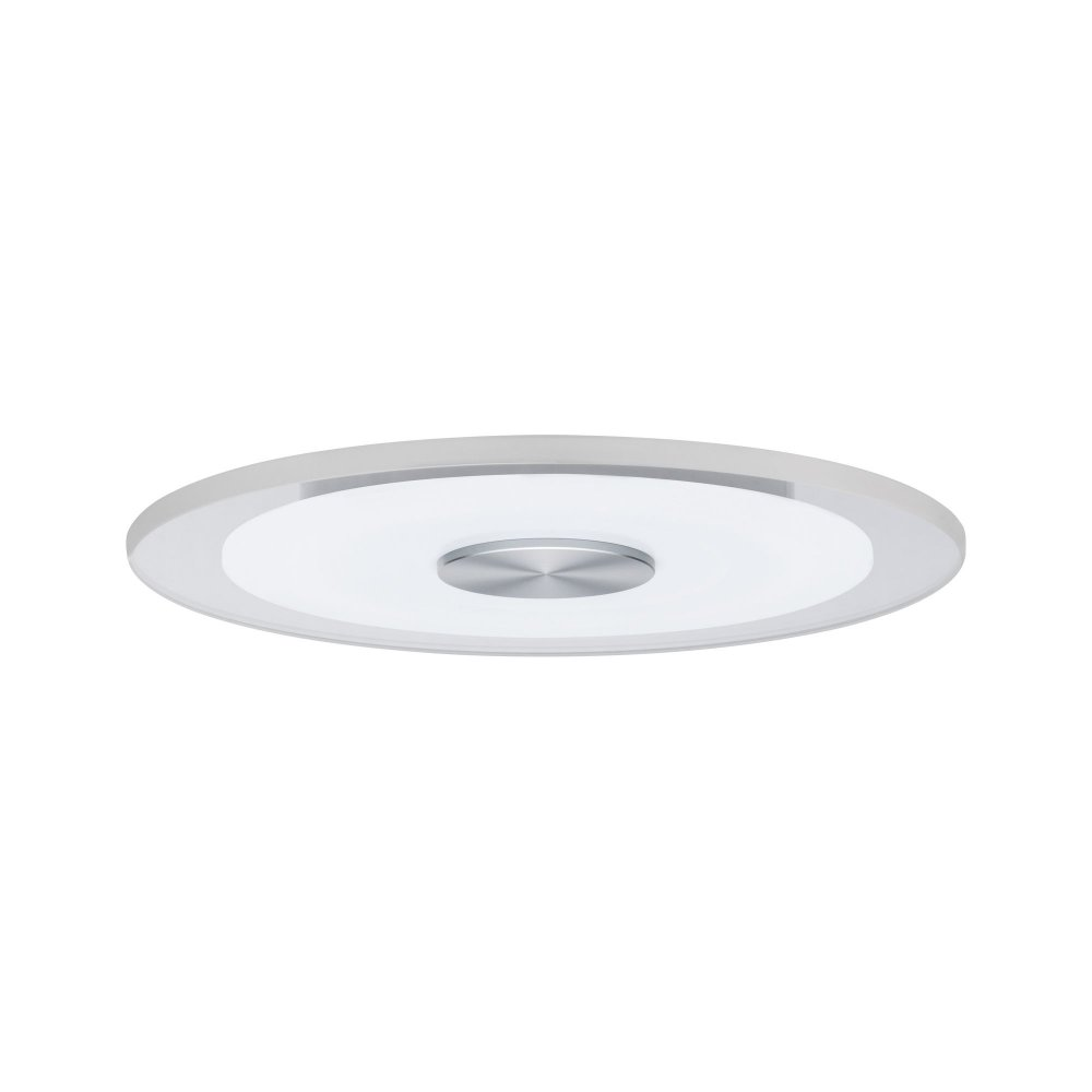 Un apparecchio di illuminazione a soffitto rotondo e bianco con un elemento circolare centrale argentato, isolato su bianco.