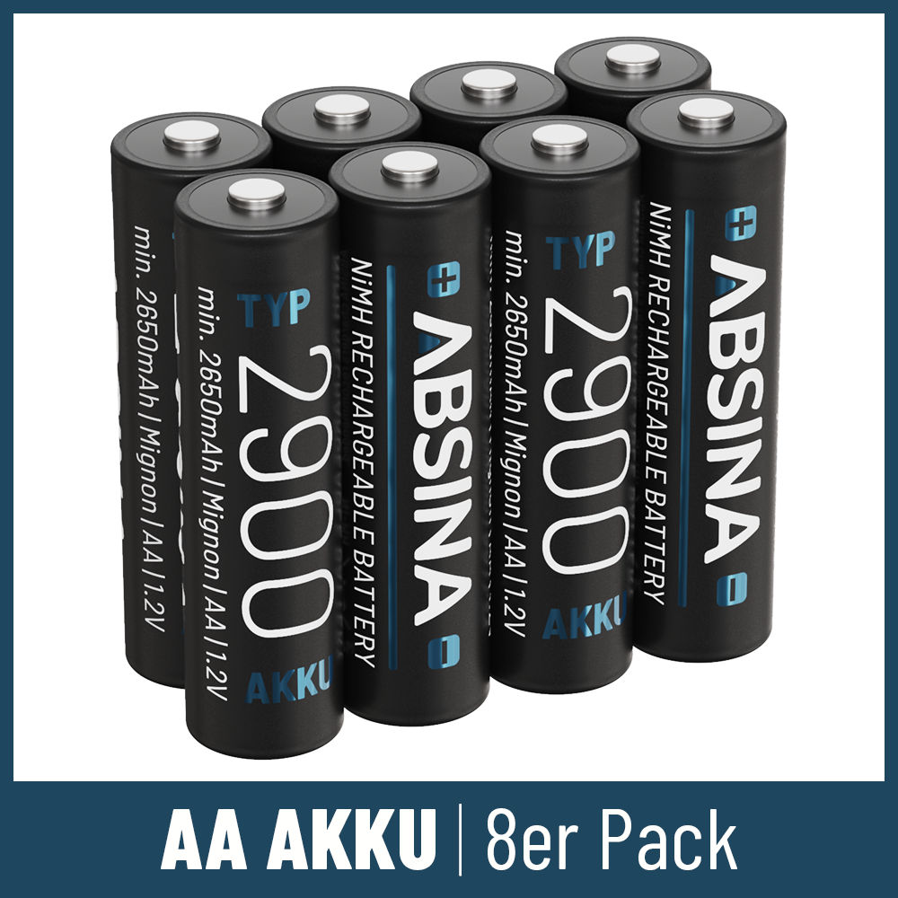 ABSINA 8x Akku Mignon Mignon Akku AA min. 1,2V 2650mAh 2900 AA