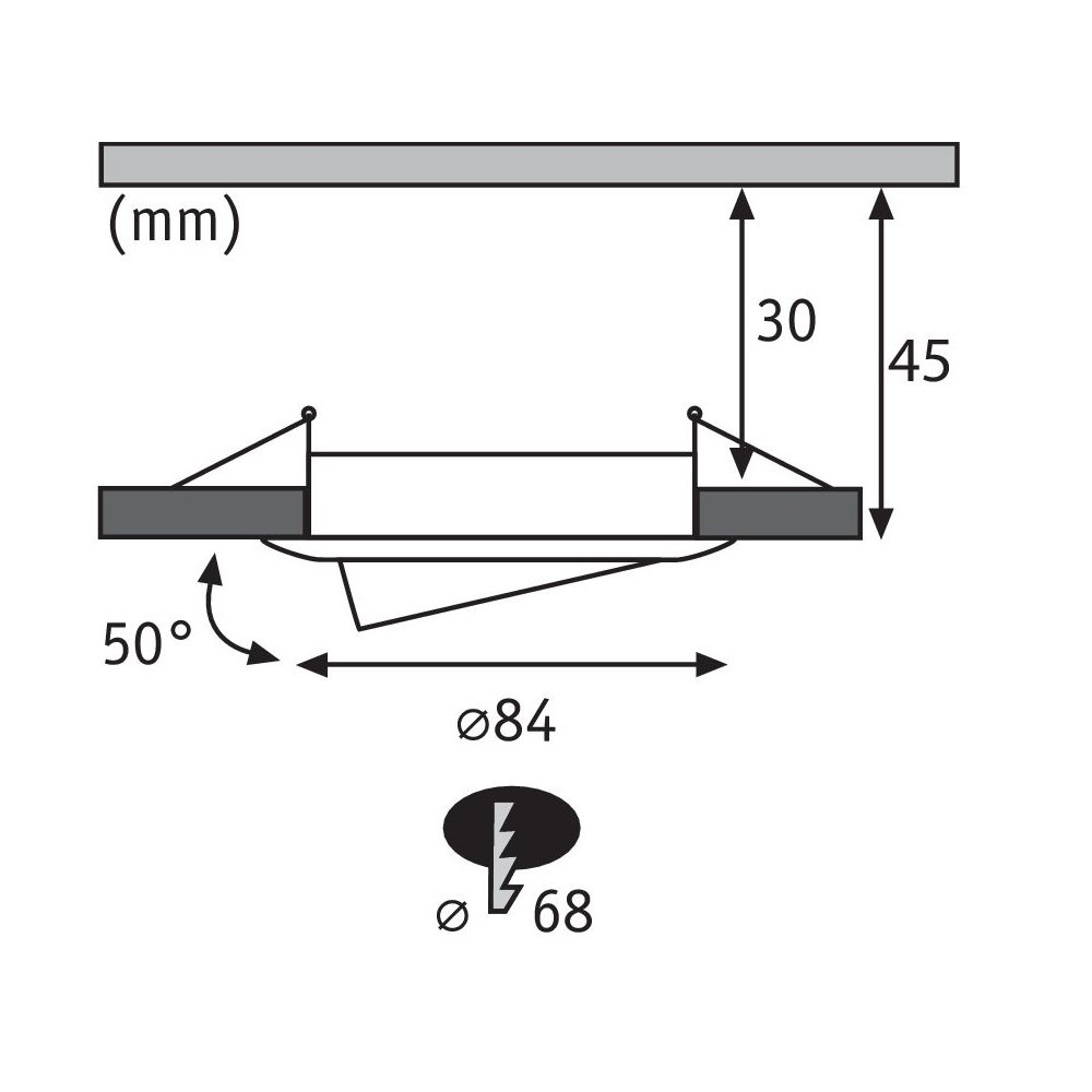 Diagramm einer Einbauleuchte mit Abmessungen und einem ovalen Symbol mit einem Blitz.