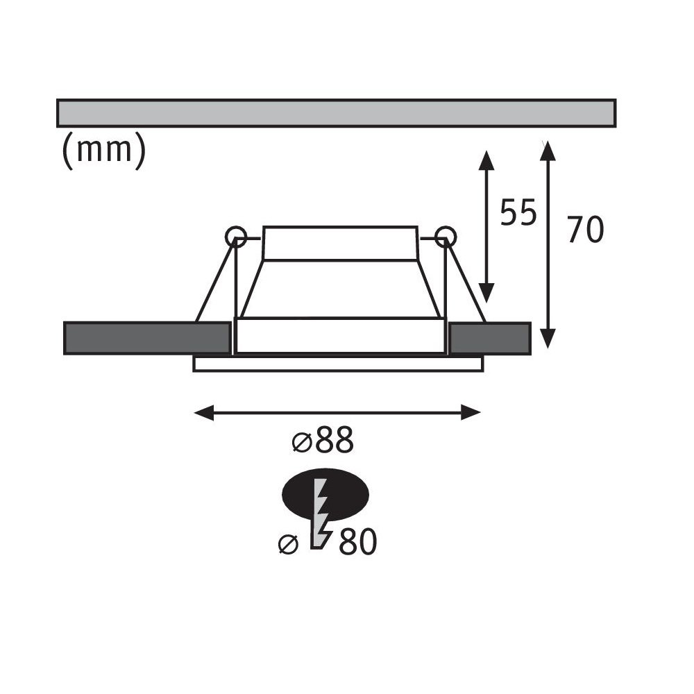 Diagramm der Leuchte. Zeigt ihre Abmessungen, 88 mm Durchmesser, 70 mm Höhe und ein Loch mit 80 mm Durchmesser.
