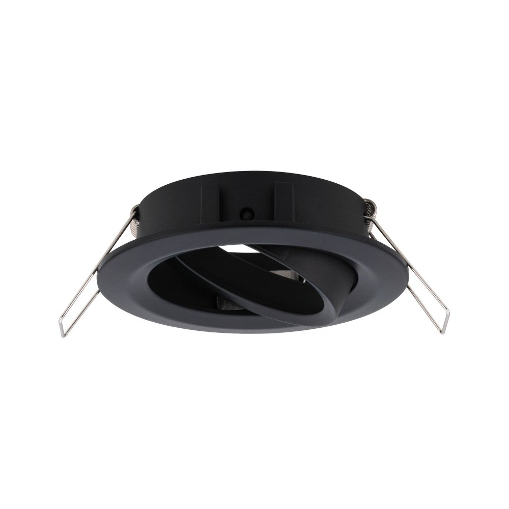 Apparecchio di illuminazione ad incasso nero con anello interno regolabile, due bracci metallici e sfondo bianco.