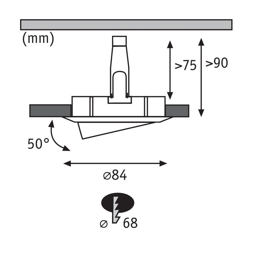 Diagramm einer Deckenleuchte mit Abmessungen und Installationsdetails in Millimetern.