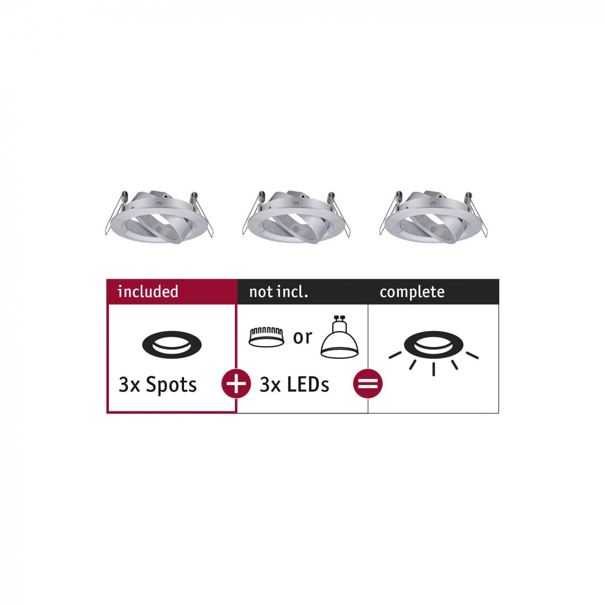 Drei Einbaustrahler, mit einer enthalten/nicht enthalten Diagramm, das 3 Spots oder 3 LEDs zeigt.