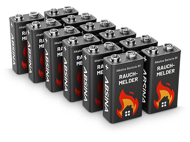 12x Batterie 9V ABSINA Alkaline Batterie, Rauchmelder