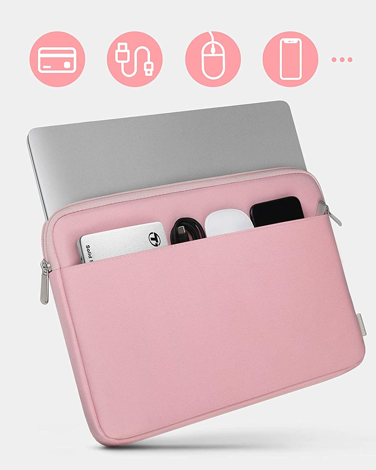 Rosa Laptoptasche mit Karten-, Kabel-, Maus- und Telefon-Symbolen.