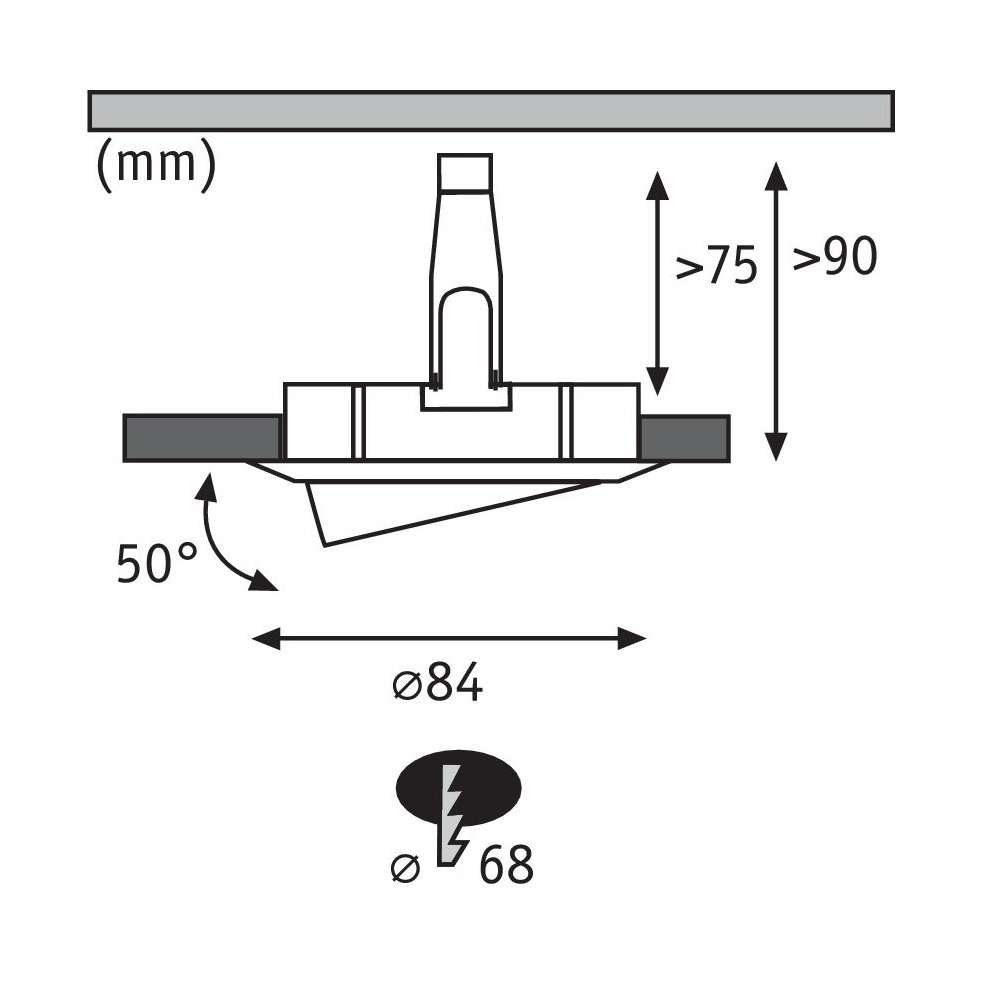 Technische Zeichnung mit Abmessungen und Winkeln eines Bauteils.