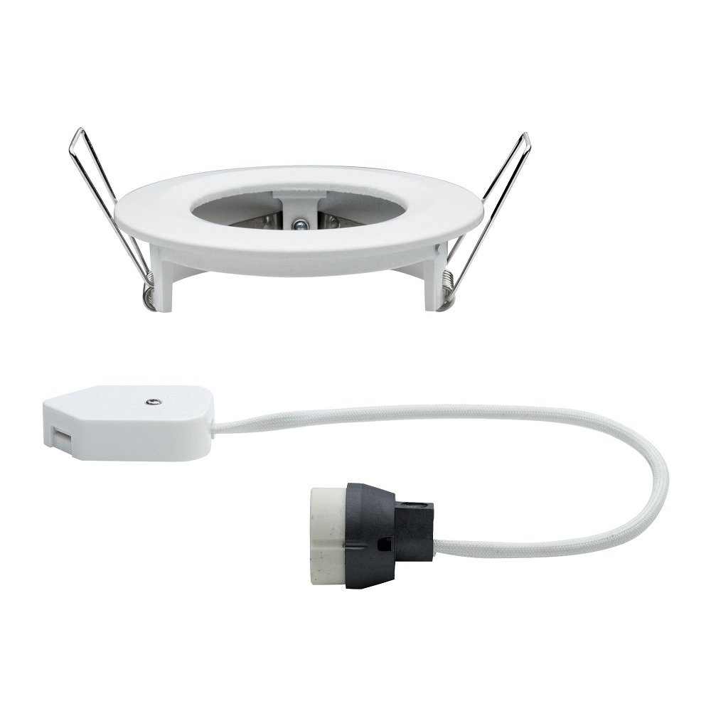 Eine weiße Deckenleuchte mit weißem Sockel und einem schwarz-weißen Kabel und Stecker.