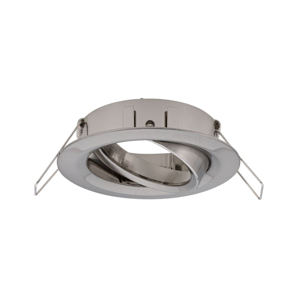 Luce da incasso argentata con design circolare, clip a molla visibili, sfondo bianco.