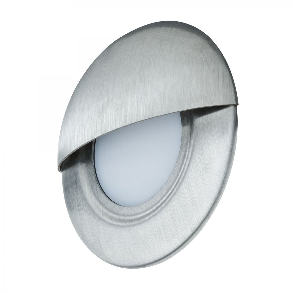 Ovale Leuchte aus gebürstetem Metall mit weißer, abgerundeter Lichtquelle. Schräge Ansicht.