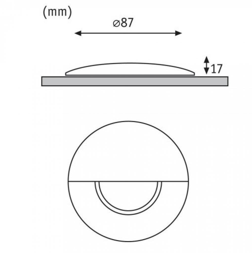 Diagramm, das eine runde Leuchte mit den Abmessungen: 87 mm Durchmesser und 17 mm Höhe zeigt.