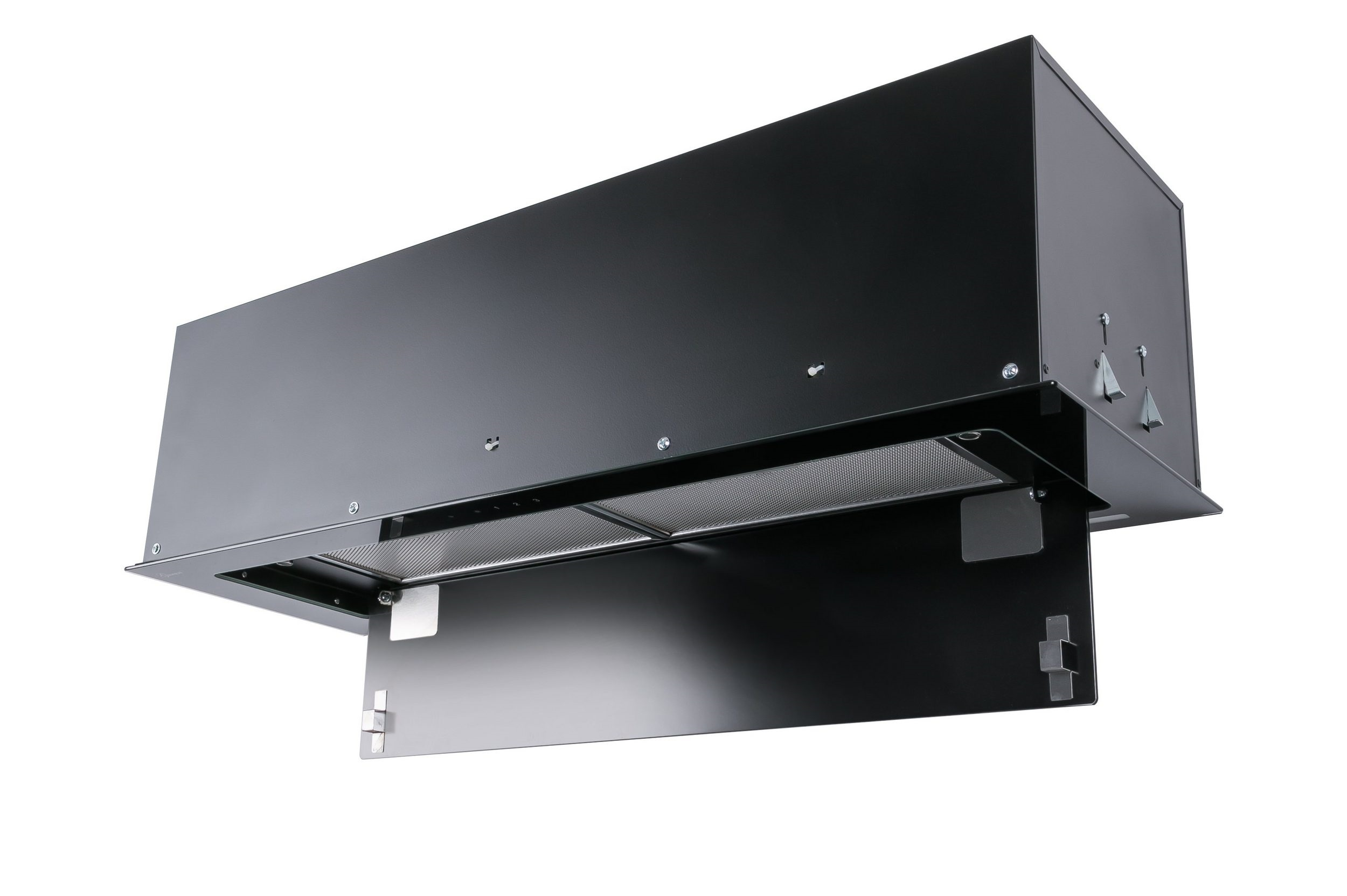 Eine schwarze Dunstabzugshaube, an der Decke montiert, mit Glasplatte und Metallfilter.