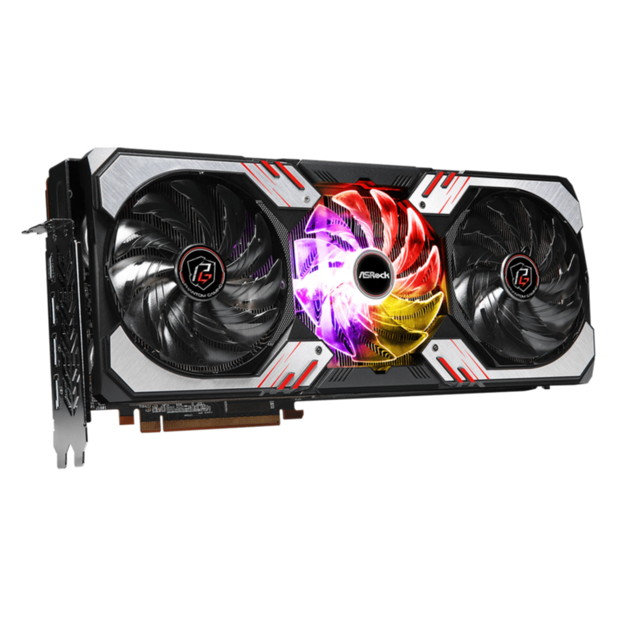 Grafikkarte mit drei Lüftern, beschriftet mit ASRock Phantom Gaming. Die Lüfter haben einen roten, violetten und gelben Schein.