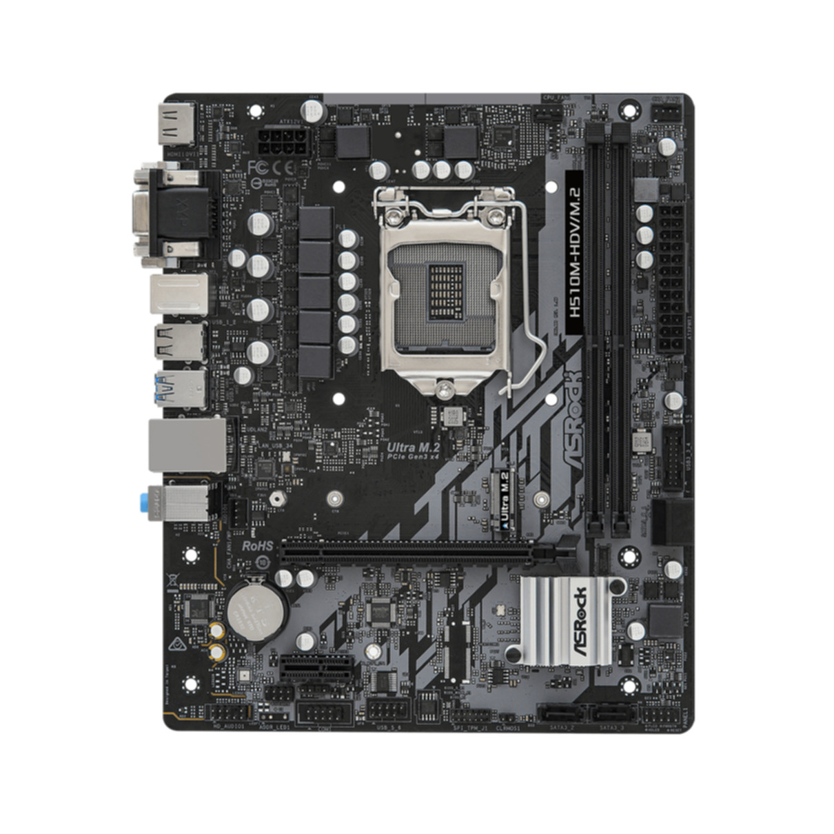 Motherboard mit vielen Komponenten, grau und schwarz.