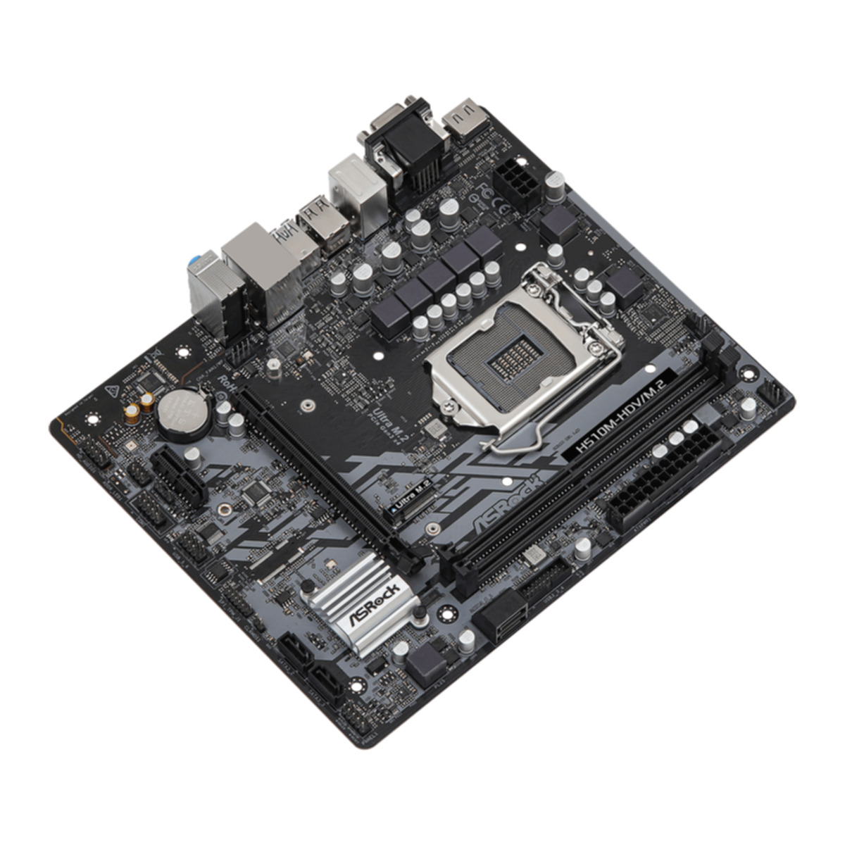 Ein schwarzes und graues Motherboard auf weißem Hintergrund. Es hat ein silbernes 'ASRock'-Logo.