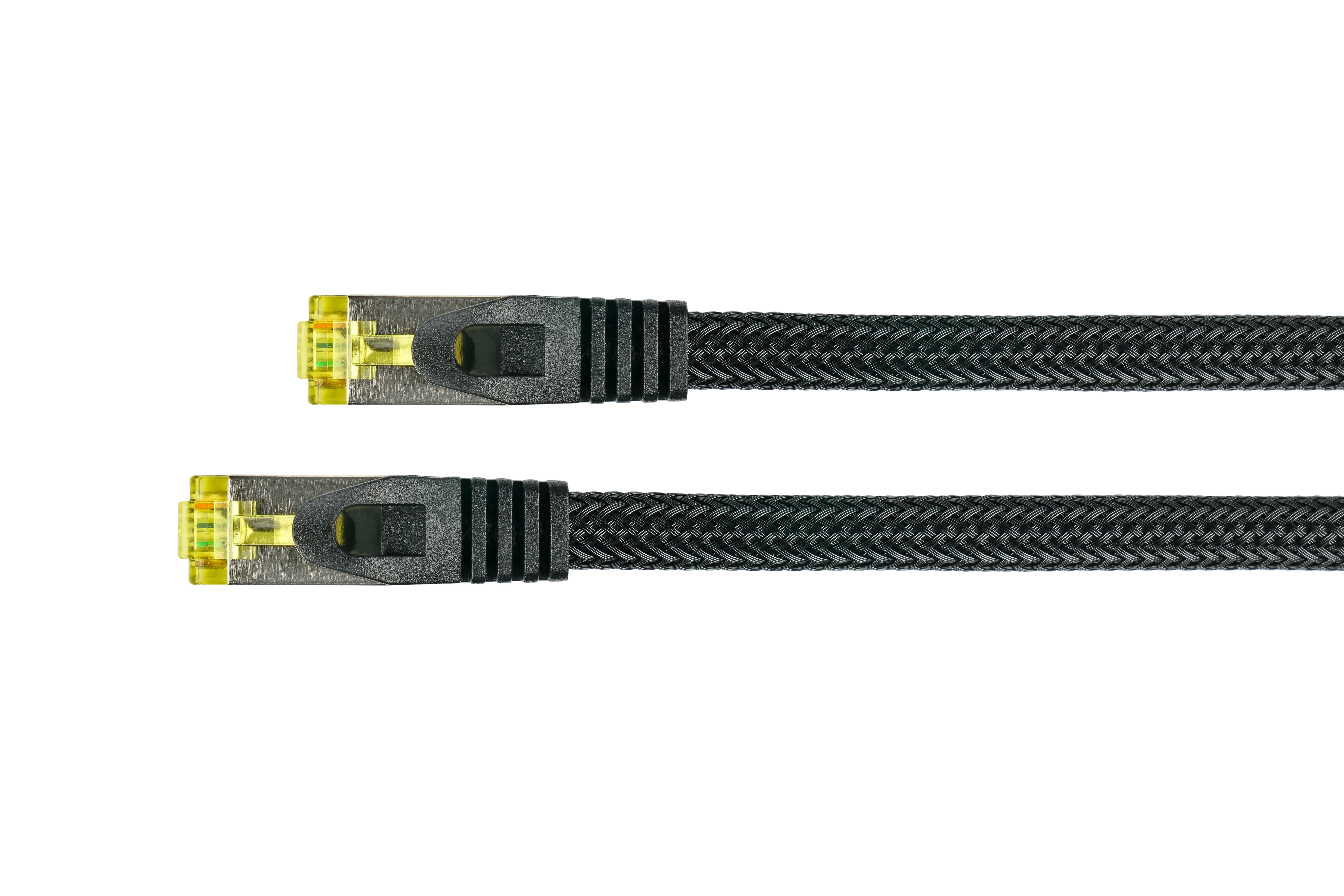 Due cavi Ethernet intrecciati neri e grigi con connettori gialli su sfondo bianco.