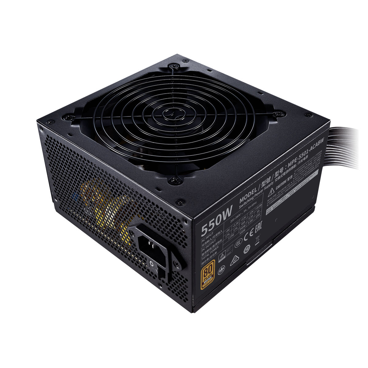 Un alimentatore per computer nero, con una ventola sulla parte superiore e cavi che si estendono dal lato.