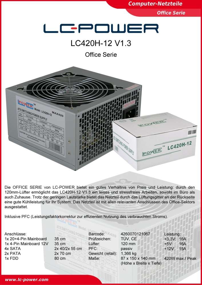 LC LC420H-12 POWER Netzteil 420 Watt V1.3 PC