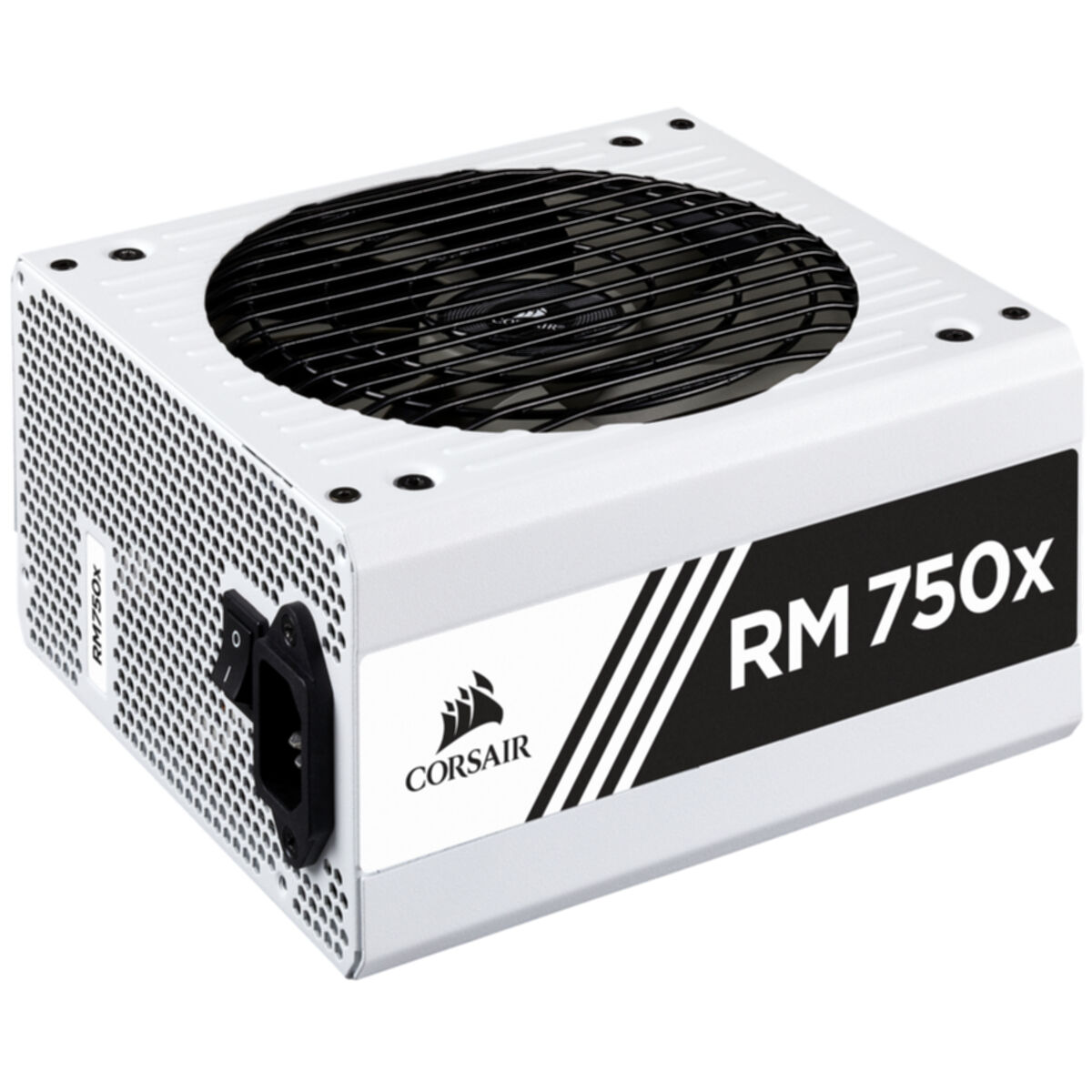 Alimentatore Corsair RM750x bianco con ventola nera ed etichetta RM 750X su sfondo bianco.