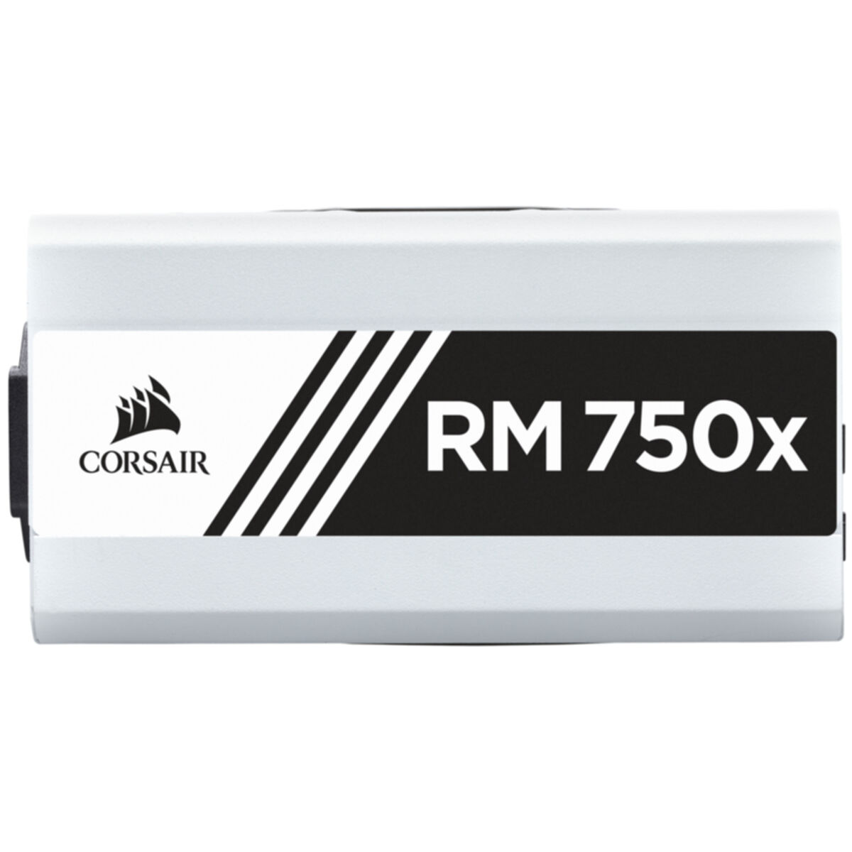 Alimentatore Corsair RM750x. Corpo bianco con etichetta e logo neri. Sfondo bianco.