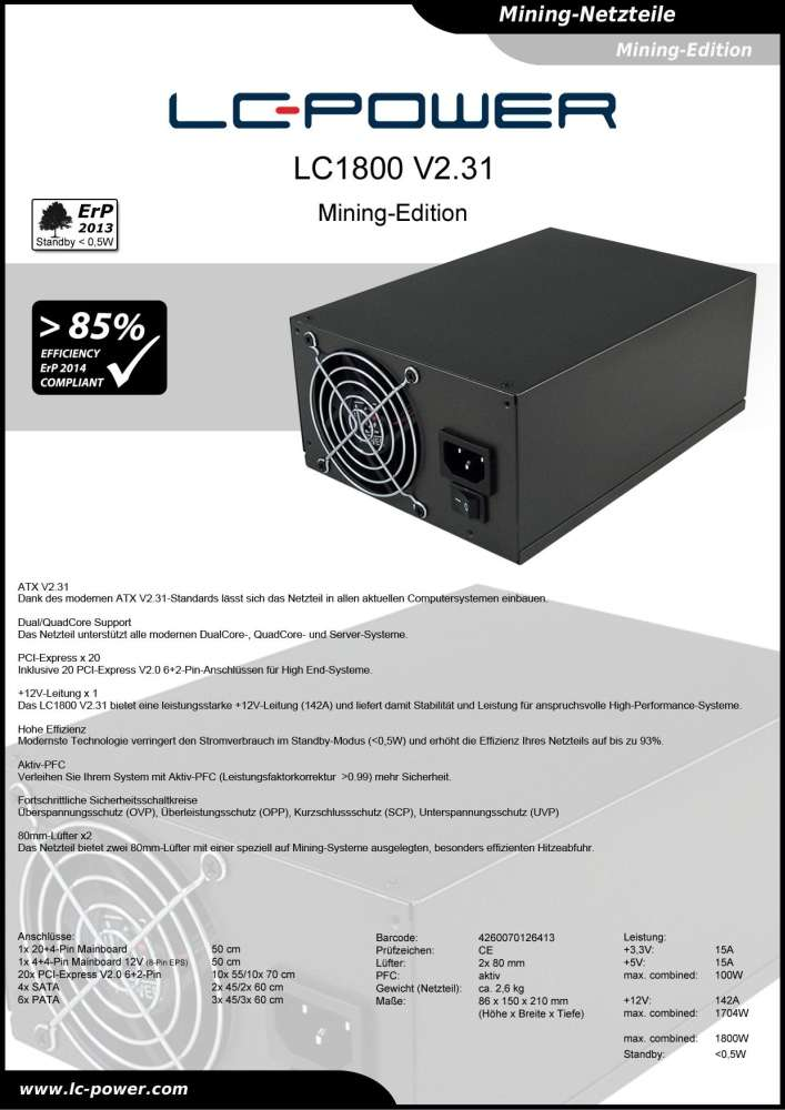 LC POWER LC1800 Netzteil 1800 V2.31 Edition Mining PC Watt 