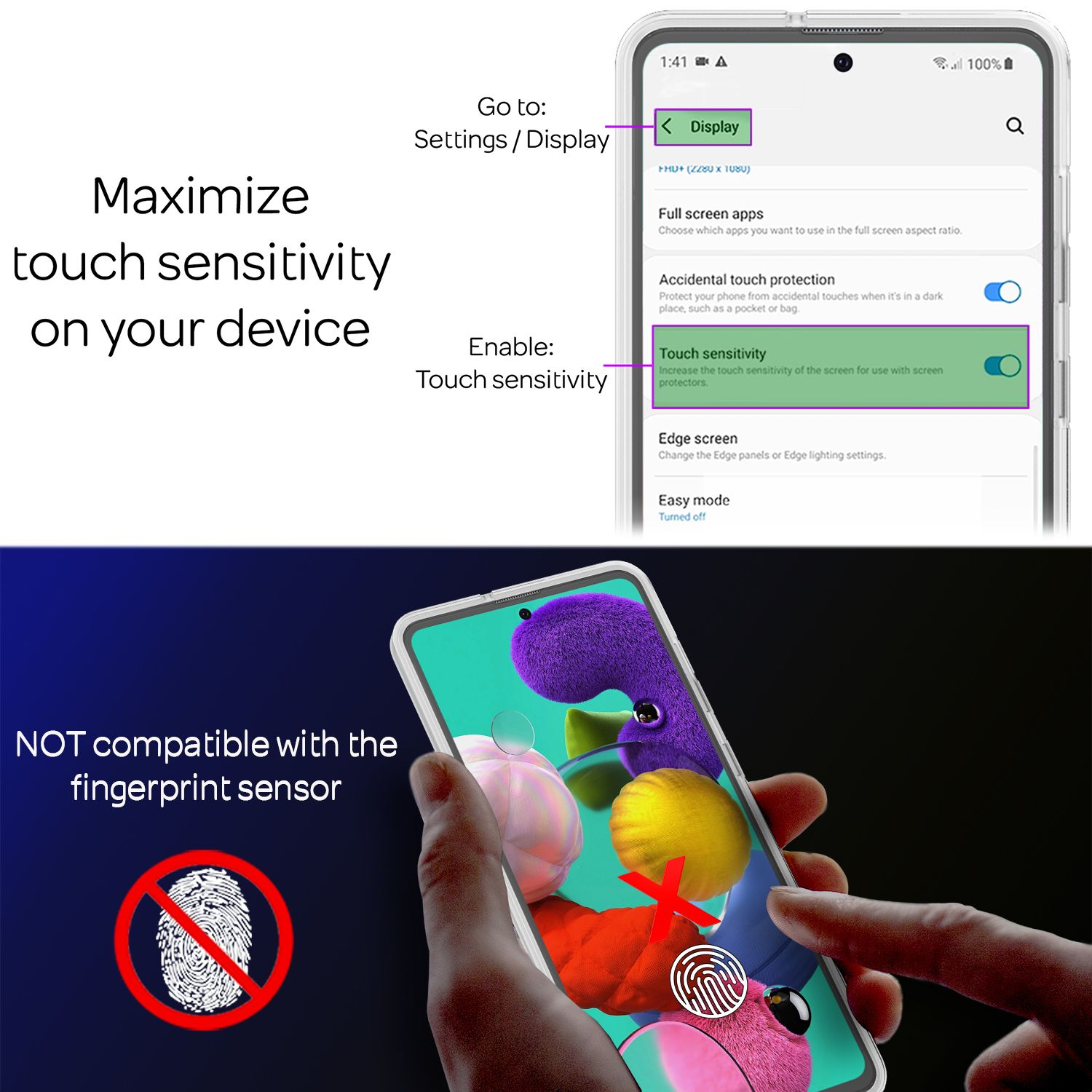Écran de téléphone avec paramètres de sensibilité tactile, icône d'empreinte digitale rouge avec une croix.