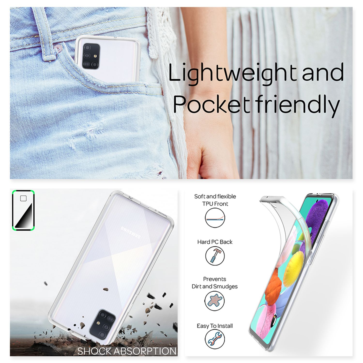 Une coque de téléphone est montrée dans une poche, avec des gros plans, mettant en évidence des fonctionnalités.