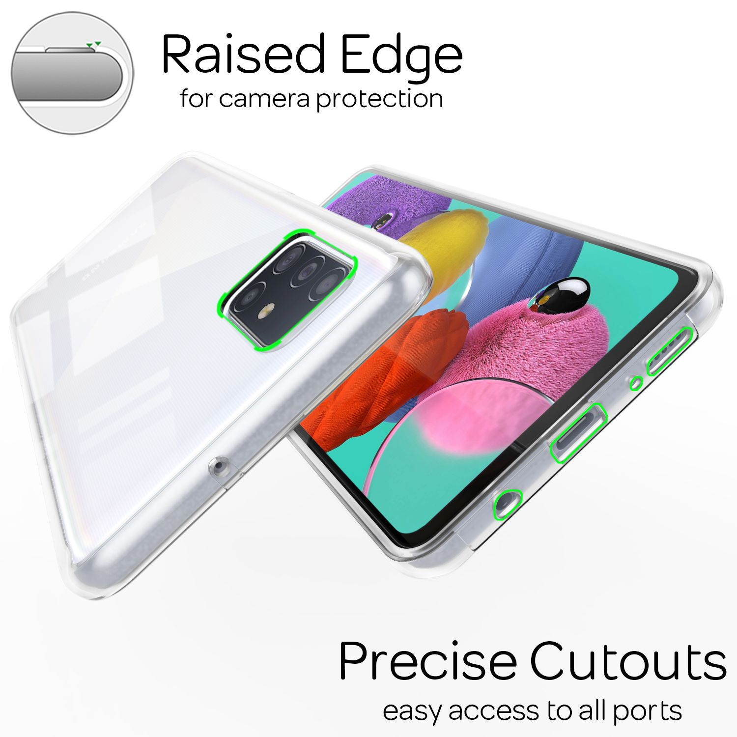 Eine Handyhülle mit einem Telefon darin. Die Hülle ist transparent mit grünen Akzenten. Text weist auf Kameraschutz hin.