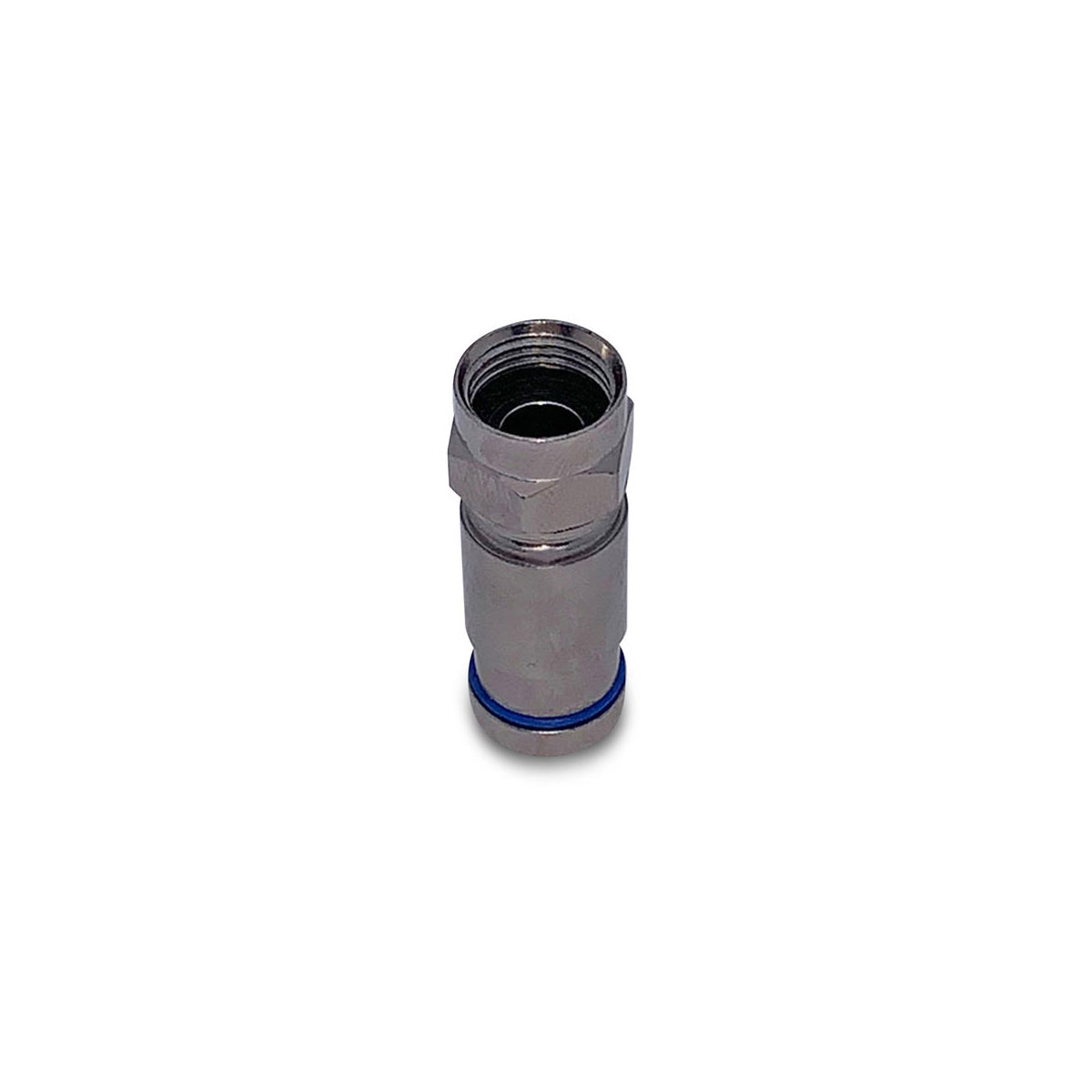 Ein silberner Koaxialkabelanschluss mit blauem Ring auf weißem Hintergrund.