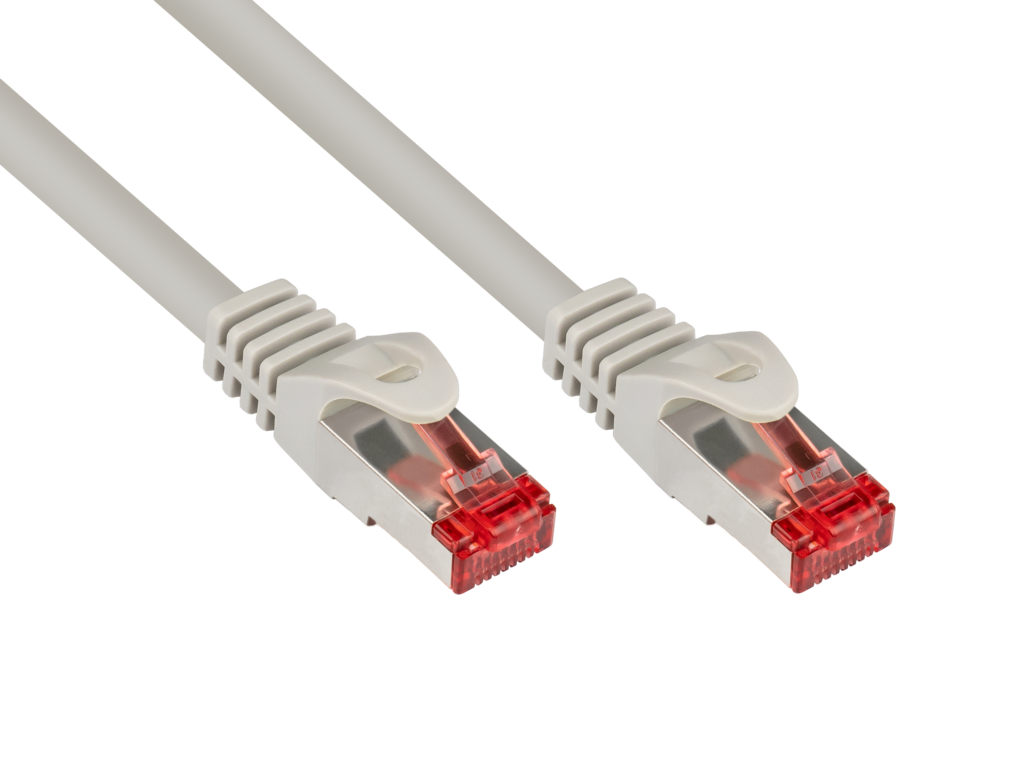Dwa szare kable Ethernet z czerwonymi złączami na białym tle.