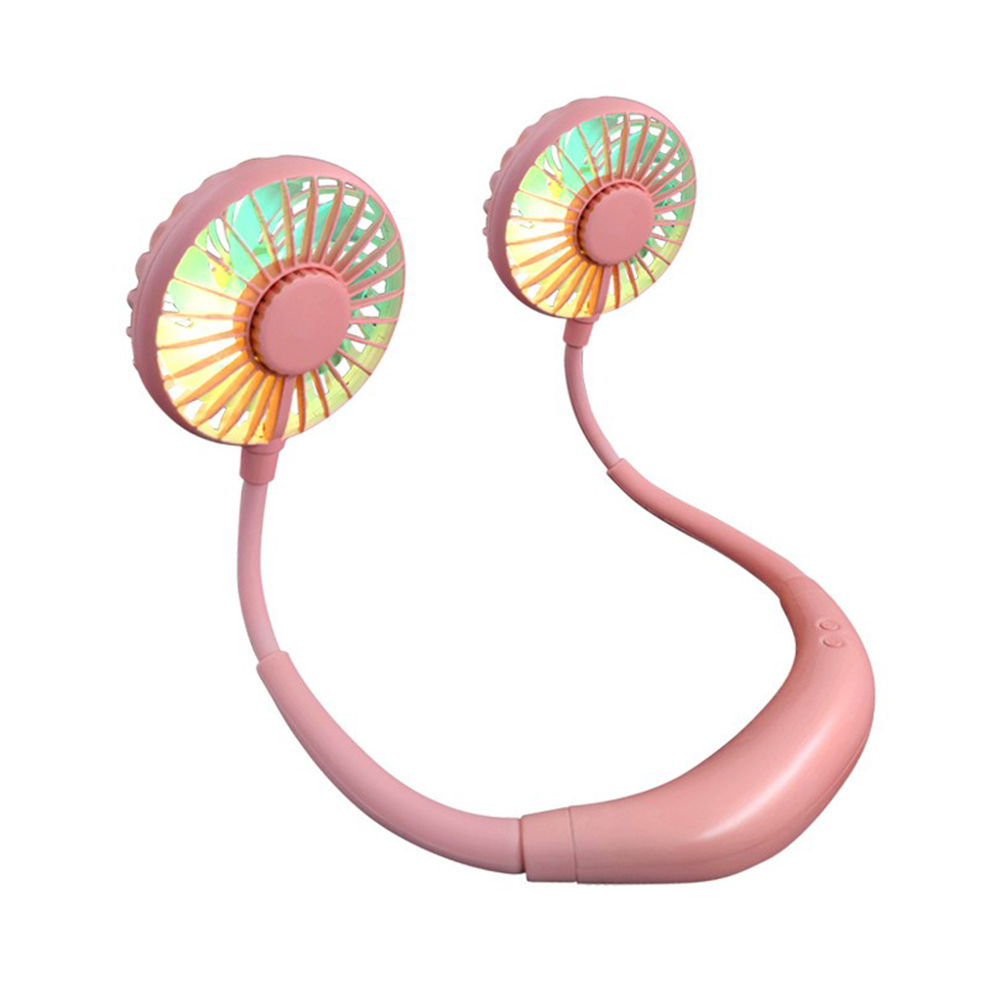 Ein rosa Nackenventilator mit zwei Ventilatorköpfen. Der Ventilator steht vor einem weißen Hintergrund.