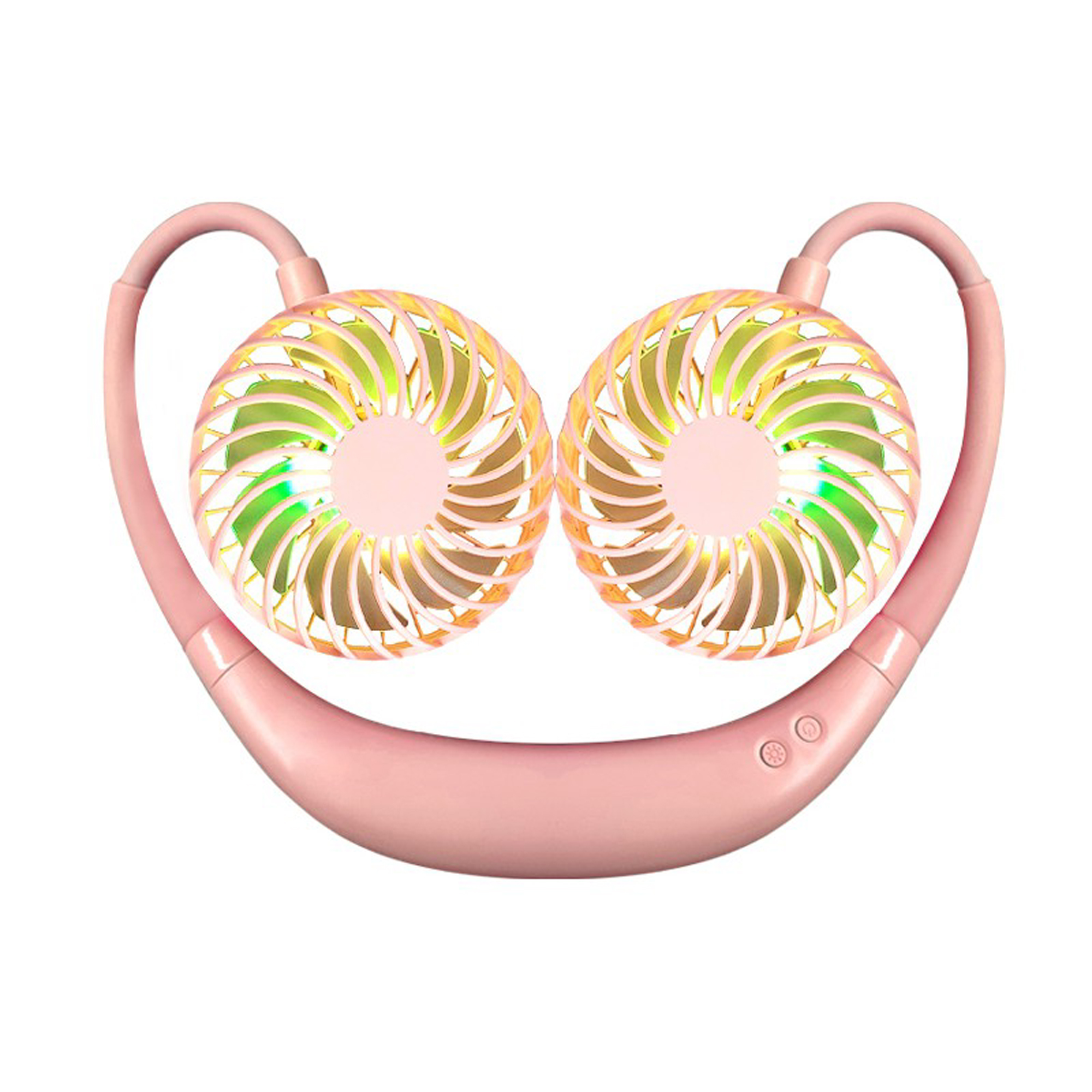 Rosa Nackenventilator mit zwei Ventilatoren, Knöpfen und geschwungenem Design.