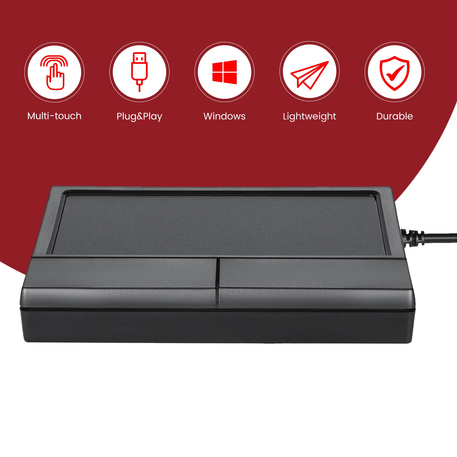 Ein schwarzes Touchpad mit Touch-Funktionen: Multi-Touch, Plug & Play, Windows, leicht und langlebig.