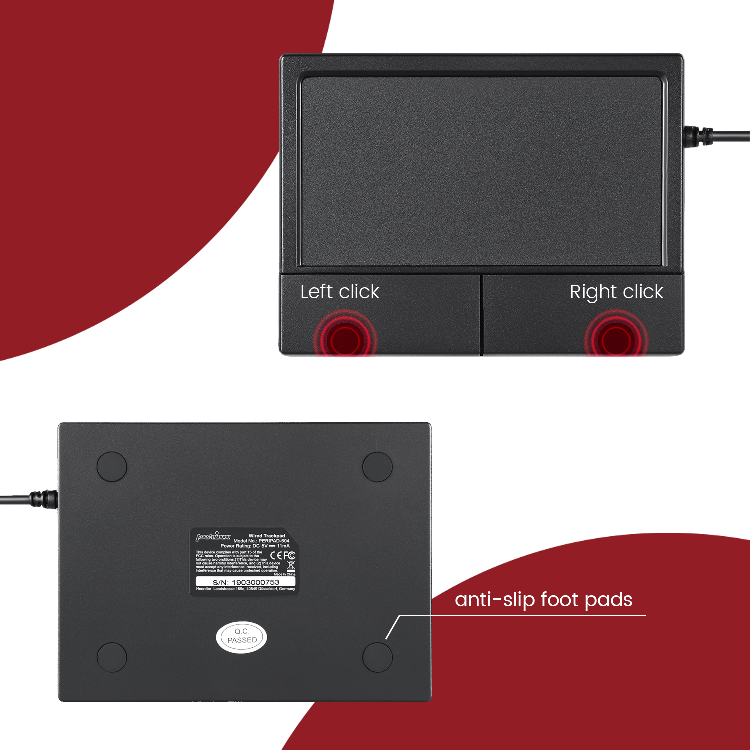 Schwarzes Trackpad mit Beschriftungen für Links- und Rechtsklick und Anti-Rutsch-Fußpads.