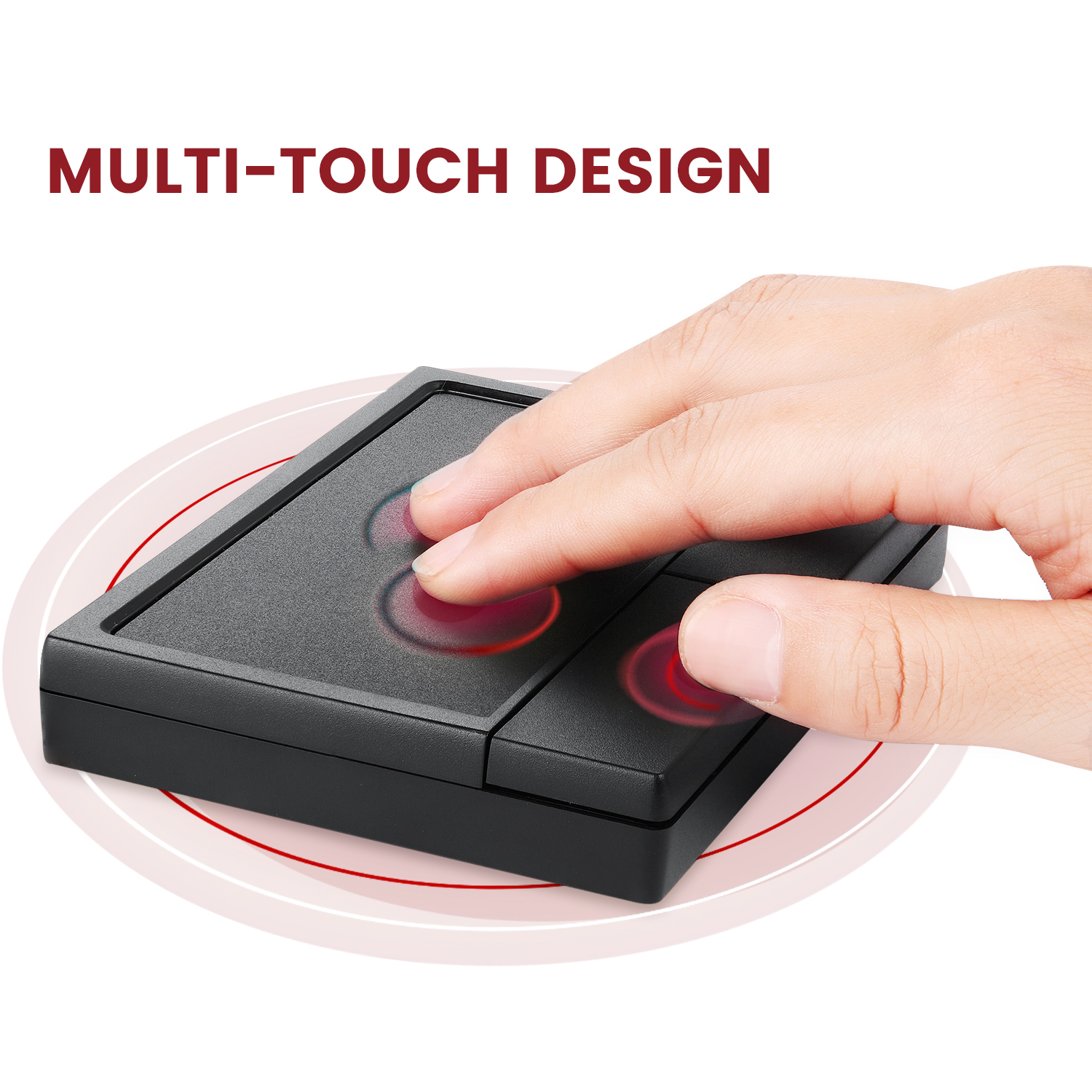 Ein schwarzes Multi-Touch-Design-Gerät. Eine Hand berührt das Gerät, drei Berührungspunkte rot markiert.