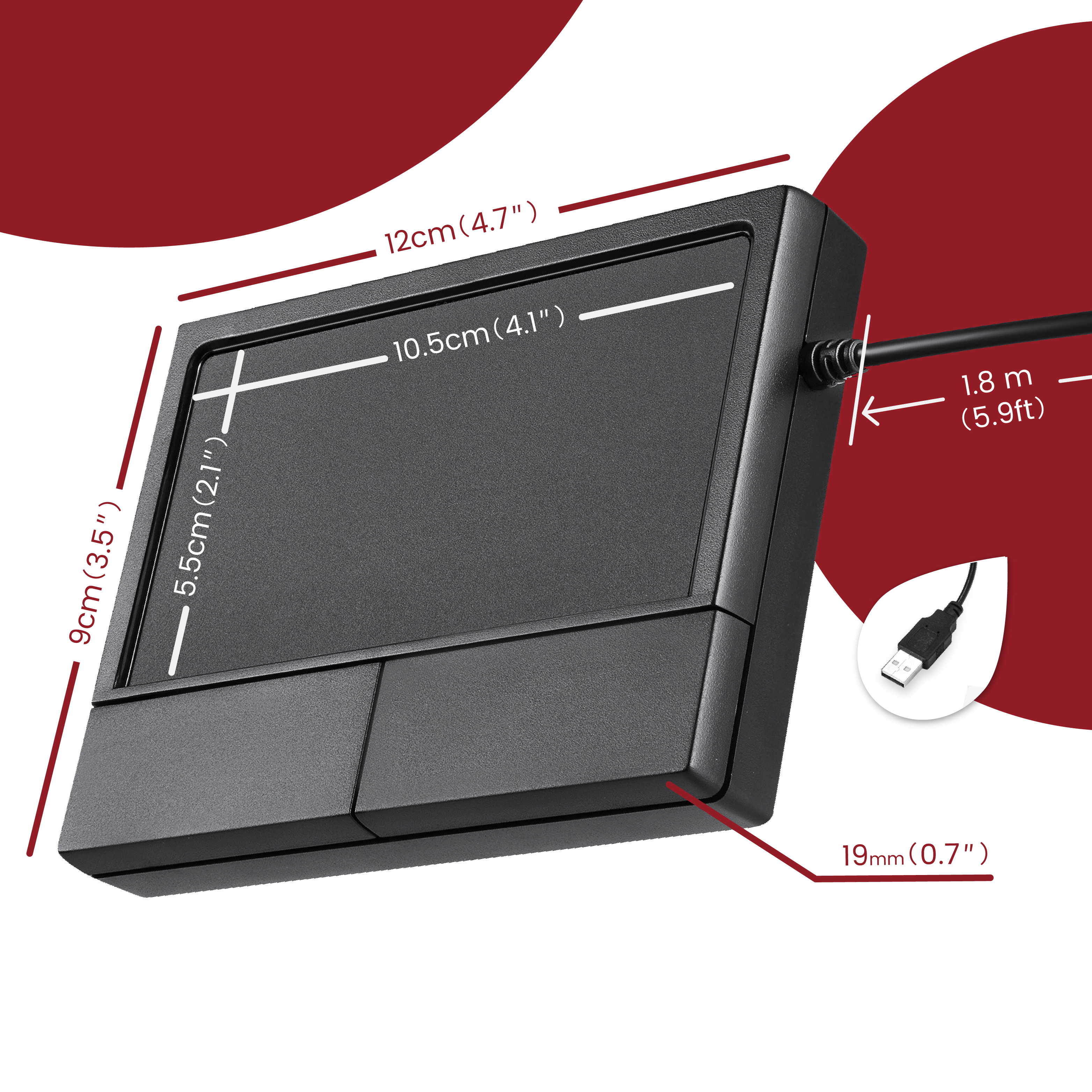 Schwarzes Touchpad mit Abmessungen, einem USB-Kabel und einem weißen Hintergrund mit roten Highlights.