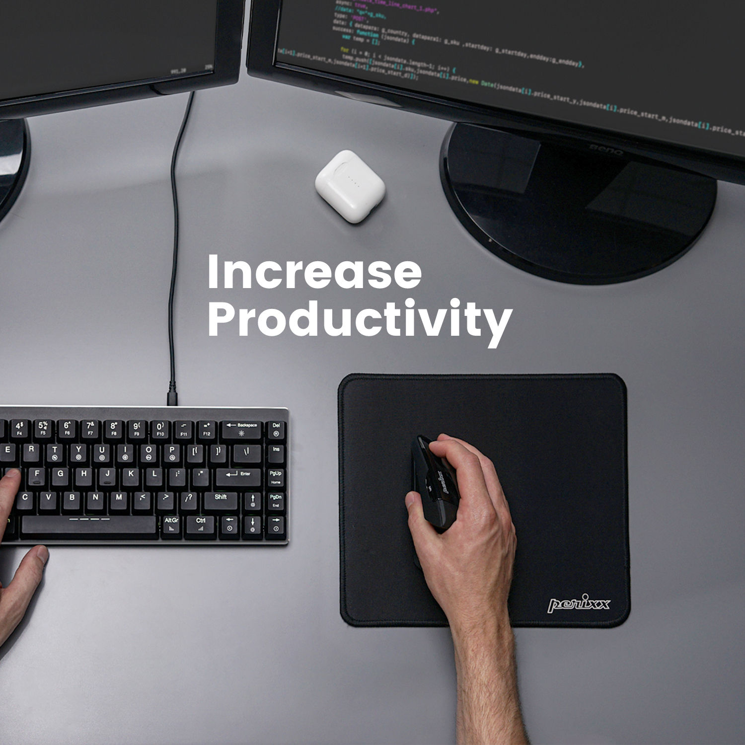 Osoba używająca klawiatury i myszy. Tekst 'Zwiększ produktywność' jest nałożony.