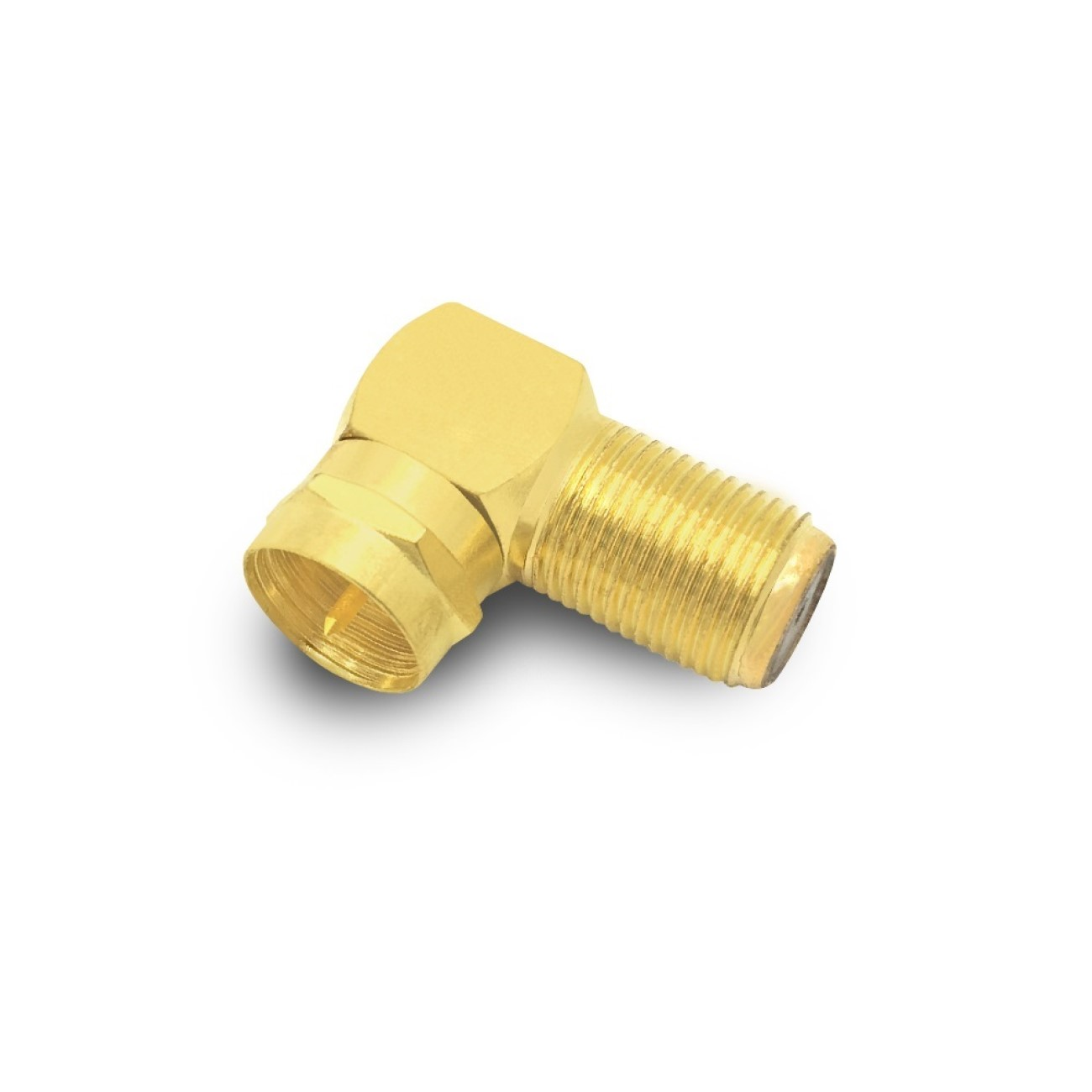 Goldfarbener, abgewinkelter Stecker. Rechtwinkliges Design. Isoliert auf Weiß.