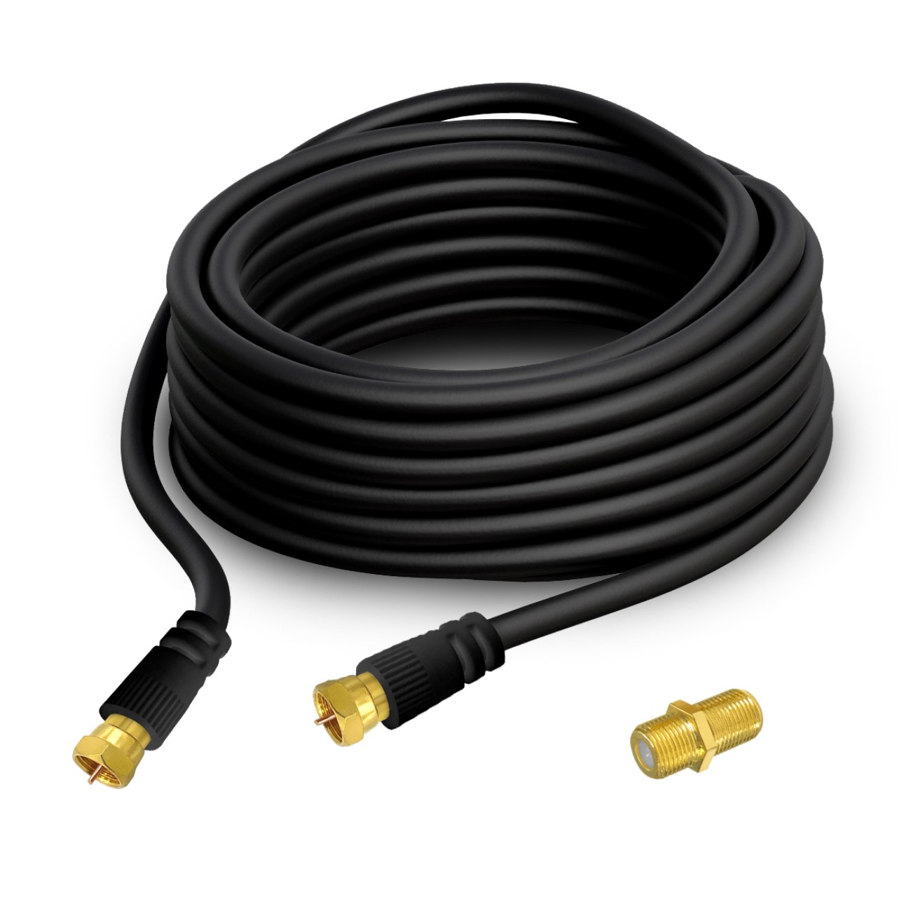 Gerolltes schwarzes Koaxialkabel mit Goldsteckern. Ein Stecker abgetrennt, einer mit Kabel.