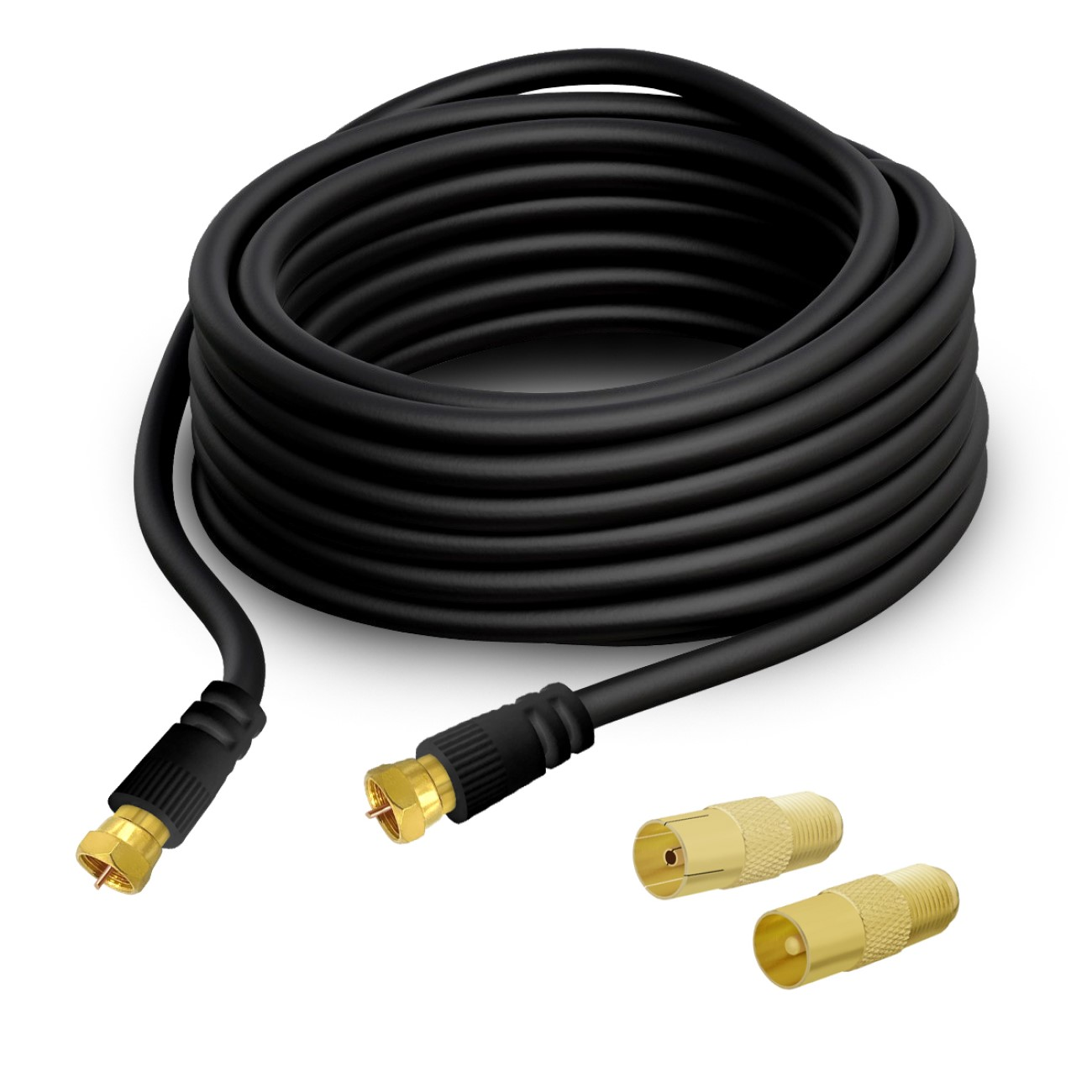 Schwarzes Kabel mit Anschlüssen. Zwei Anschlüsse an den Enden, zwei separate Anschlüsse an der Seite.