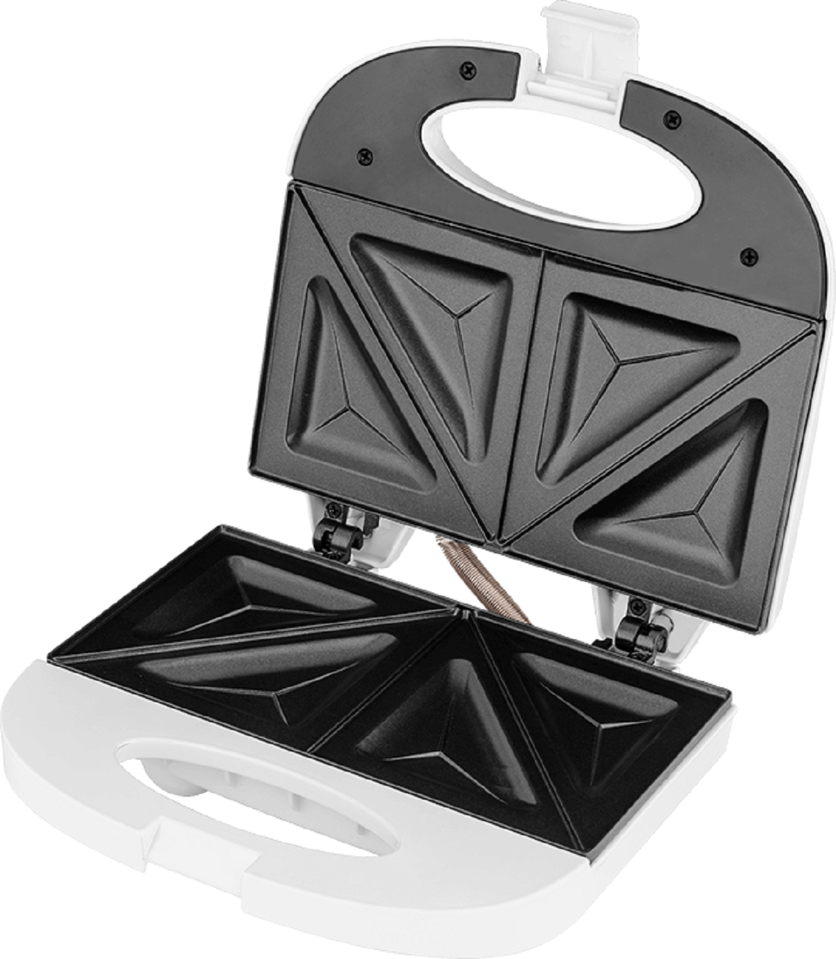 Weißer Sandwichmaker, geöffnet, zeigt zwei dreieckige Formen im Inneren.