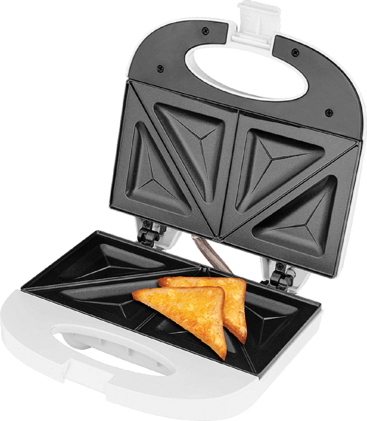 Ein weiß-schwarzer Sandwichmaker mit zwei Sandwiches. Die Sandwiches sind goldbraun.