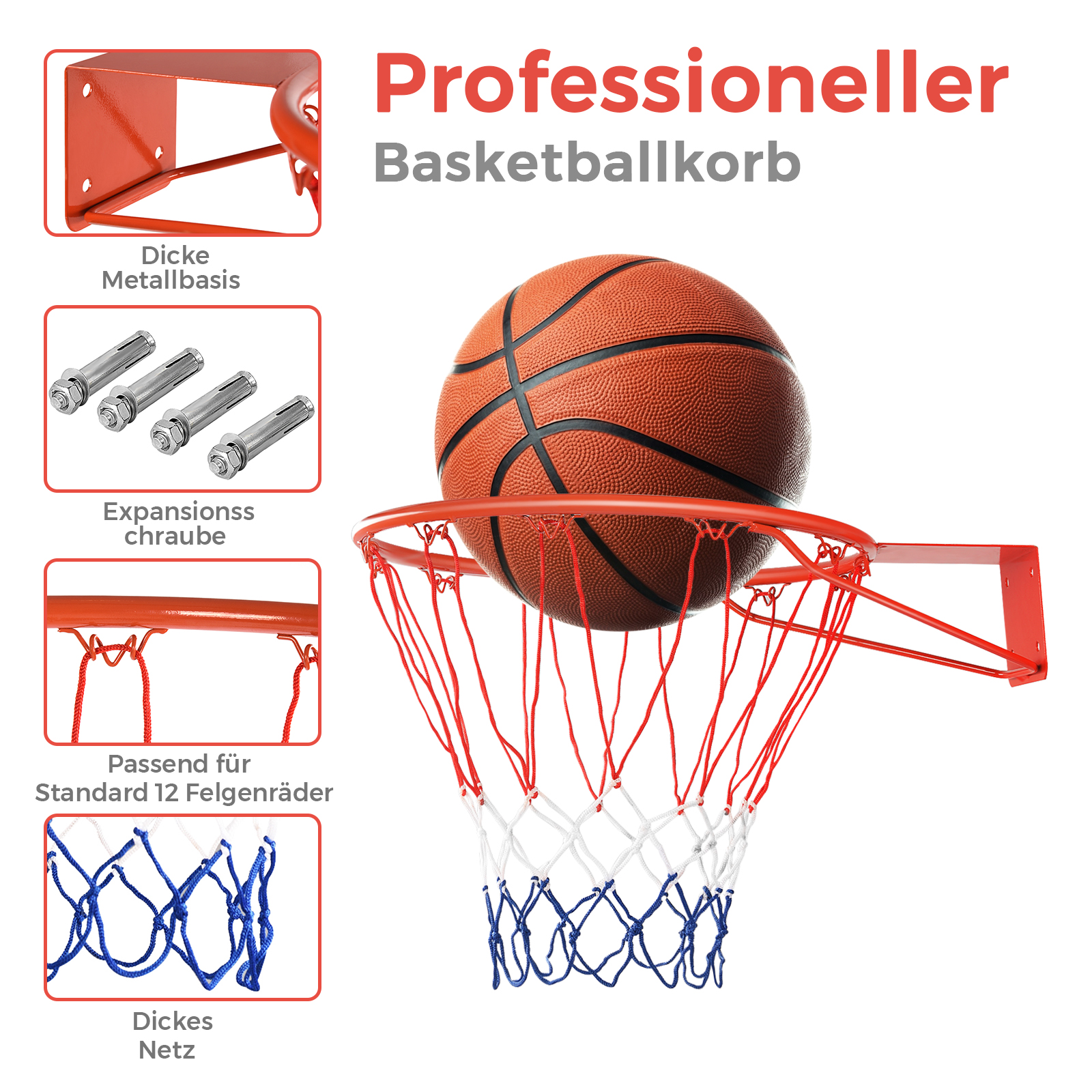 Basketballkorb mit Ball im Netz. Merkmale sind dickes Netz, stabiler Sockel und rot/weiß/blaues Farbschema.