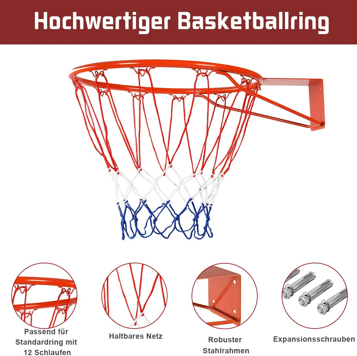 Ein Basketballkorb mit orangefarbenem Ring, weißem, roten und blauen Netz und Befestigungsmaterial.