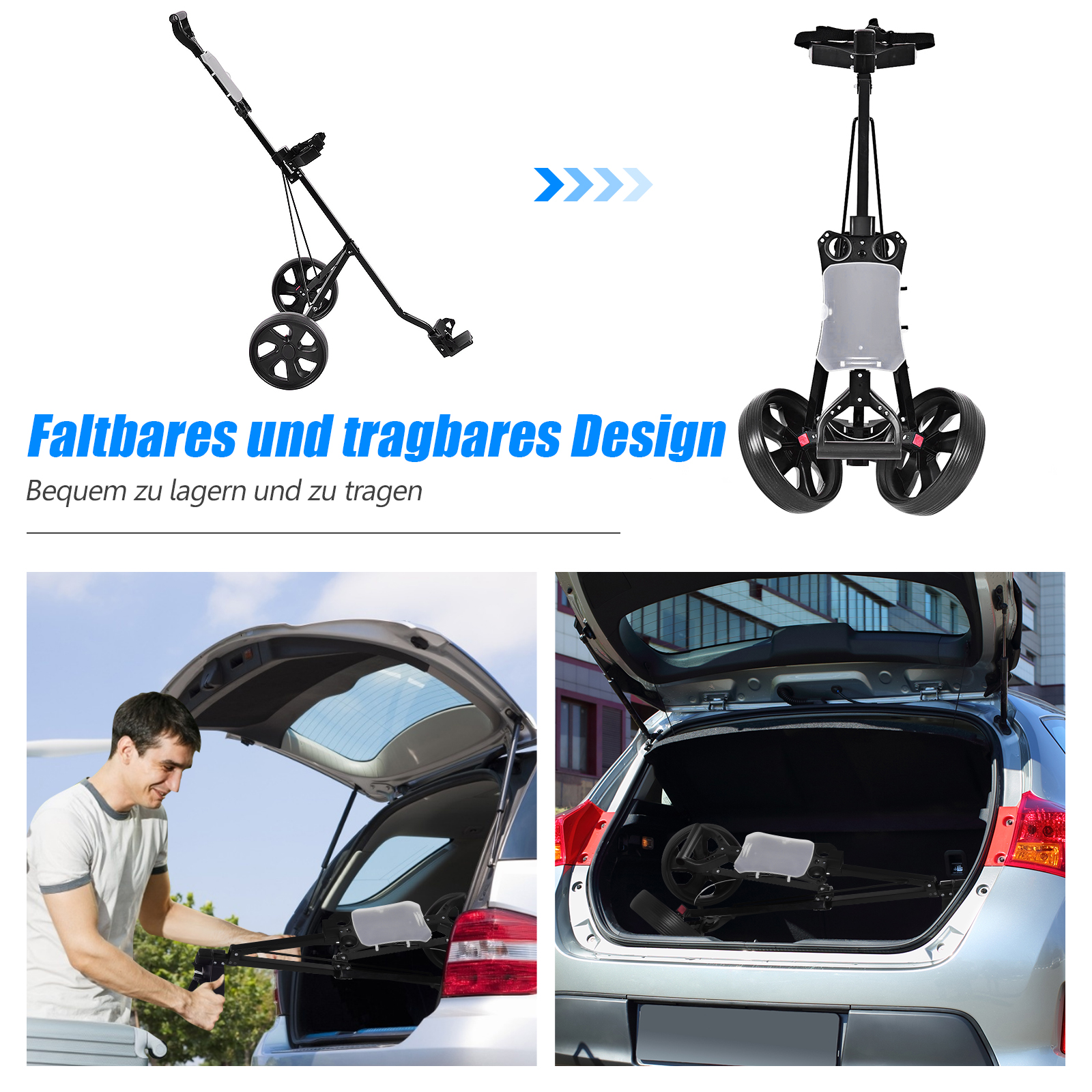 Golfwagen wird gefaltet und entfaltet. Ein Mann lädt ihn in den Kofferraum.